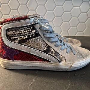 Golden Goose Deluxe Brand Slide Mid Top Red and Gray Snake Skin Sneakers